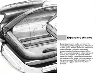 t
•
Explanatory sketches
Explanatory sketches are the next step in the
research stage of the design process. The amount
of these type of sketches is less than the previous
type of sketches. Explanatory sketches are
created to explain function, structure and form.
They communicate a design in a clear and neutral
manner, focusing more on explaining the idea
rather than selling it. Explanatory sketches must
be readable to other people then those involved in
the design process. The first feedback from the
client usualy happens after reviewing these
sketches.
 