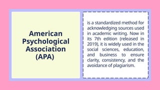American
Psychological
Association
(APA)
is a standardized method for
acknowledging sources used
in academic writing. Now in
its 7th edition (released in
2019), it is widely used in the
social sciences, education,
and business to ensure
clarity, consistency, and the
avoidance of plagiarism.
 