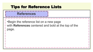 Tips for Reference Lists
References
•Begin the reference list on a new page
with References centered and bold at the top of the
page.
 