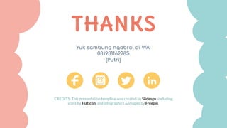 CREDITS: This presentation template was created by Slidesgo, including
icons by Flaticon, and infographics & images by Freepik.
Yuk sambung ngobrol di WA:
081931162785
(Putri)
THANKS
 
