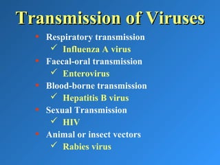 Transmission of VirusesTransmission of Viruses
• Respiratory transmission
 Influenza A virus
• Faecal-oral transmission
 Enterovirus
• Blood-borne transmission
 Hepatitis B virus
• Sexual Transmission
 HIV
• Animal or insect vectors
 Rabies virus
 
