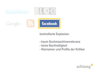 1. Quittung
                     2. Infolink
                     3. Abmoderieren



                              Kritik

            Einschätzung der Kritik und des Nutzertyps



                                         In private
                                                         Öffentlich
Aushalten        Verbergen             Kommunikation
                                                         reagieren
                                         verlagern
 