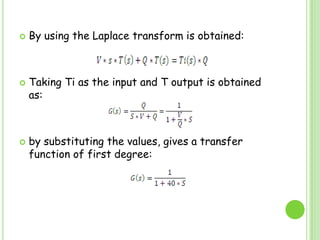 By using the Laplace transform is obtained:Taking Ti as the input and T output is obtained as:by substituting the values, gives a transfer function of first degree: