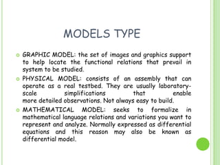 MODELS TYPEGRAPHIC MODEL: the set of images and graphics support to help locate the functional relations that prevail in system to be studied.PHYSICAL MODEL: consists of an assembly that can operate as a real testbed. They are usually laboratory-scale simplifications that enablemore detailed observations. Not always easy to build.MATHEMATICAL MODEL: seeks to formalize in mathematical language relations and variations you want to represent and analyze. Normally expressed as differential equations and this reason may also be known as differential model.