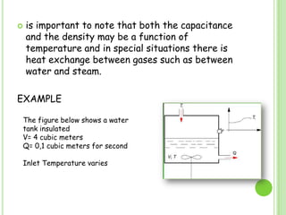 is important to note that both the capacitance and the density may be a function of temperature and in special situations there is heat exchange between gases such as between water and steam.EXAMPLEThe figure below shows a water tank insulatedV= 4 cubic metersQ= 0,1 cubic meters for secondInletTemperaturevaries