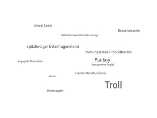 naiver Leser
                                                                                    Besserwisserin
                                    historisch bewanderte Nervensäge



       spitzfindiger Detailfragensteller
                                                         meinungsstarke Produkttesterin

engagierte Moderatorin                                          Fanboy
                                                             (vorzugsweise Apple)


                                               unerkannte Influencerin
                          Spammer




                         Weitersagerin
                                                                         Troll
 