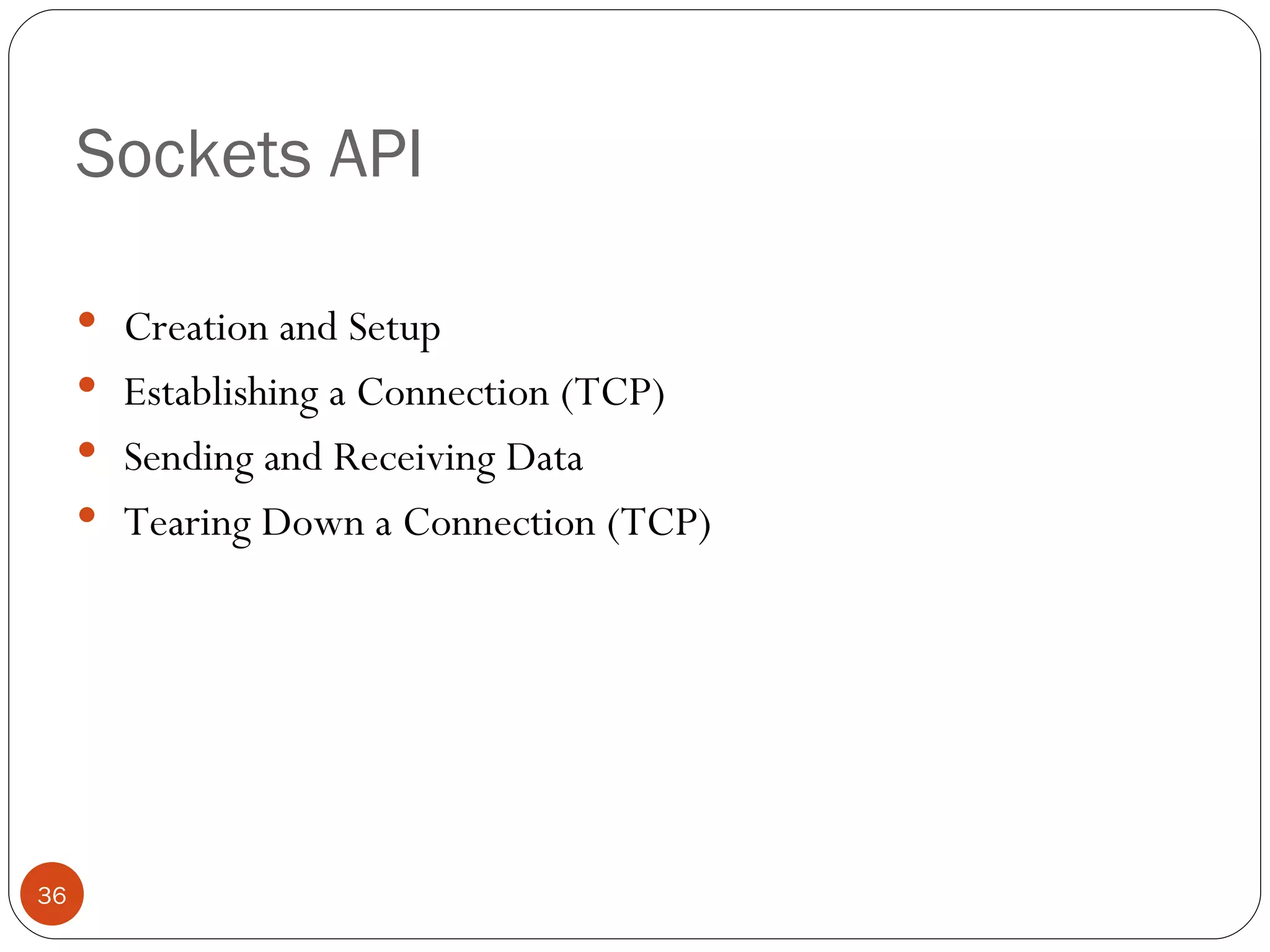 Sockets API Creation and Setup Establishing a Connection (TCP) Sending and Receiving Data Tearing Down a Connection (TCP) 