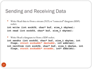 Sending and Receiving Data Write/Read data to/from a stream (TCP) or “connected” datagram (UDP) socket.  int write (int sockfd, char* buf, size_t nbytes); int read (int sockfd, char* buf, size_t nbytes);  Write/Read a datagram to/from a UDP socket.  int sendto (int sockfd, char* buf, size_t nbytes, int flags,  struct sockaddr* destaddr , int addrlen); int recvfrom (int sockfd, char* buf, size_t nbytes, int flags,  struct sockaddr* srcaddr , int* addrlen); 