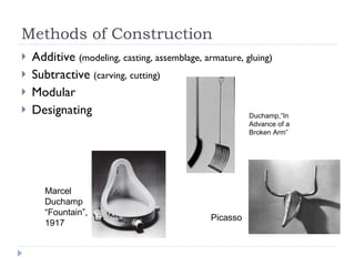 Methods of Construction Additive  (modeling, casting, assemblage, armature, gluing) Subtractive  (carving, cutting) Modular  Designating  Marcel Duchamp “Fountain”, 1917 Duchamp,”In Advance of a Broken Arm” Picasso 