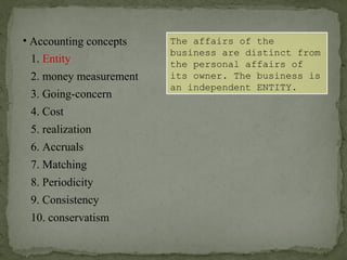 • Accounting concepts
1. Entity
2. money measurement
6. Accruals
4. Cost
3. Going-concern
5. realization
7. Matching
8. Periodicity
9. Consistency
10. conservatism
The affairs of the
business are distinct from
the personal affairs of
its owner. The business is
an independent ENTITY.
 
