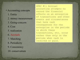 • Accounting concepts
1. Entity
2. money measurement
6. Accruals
4. Cost
3. Going-concern
5. realization
7. Matching
8. Periodicity
9. Consistency
10. conservatism
The recognition of an
expense (or revenue) and
the related liability
(or asset) results from
an accounting EVENT, and
is not necessarily
signaled by a cash
transaction.
SFAC #1: Accrual
accounting attempts to
record the financial
effects on an enterprise
of transactions and other
events and circumstances
that have cash
consequences for the
enterprise in the periods
in which these
transactions, etc… occur
rather than only in the
periods when cash is
received or paid.
 
