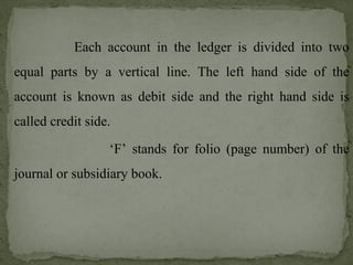 Each account in the ledger is divided into two
equal parts by a vertical line. The left hand side of the
account is known as debit side and the right hand side is
called credit side.
‘F’ stands for folio (page number) of the
journal or subsidiary book.
 