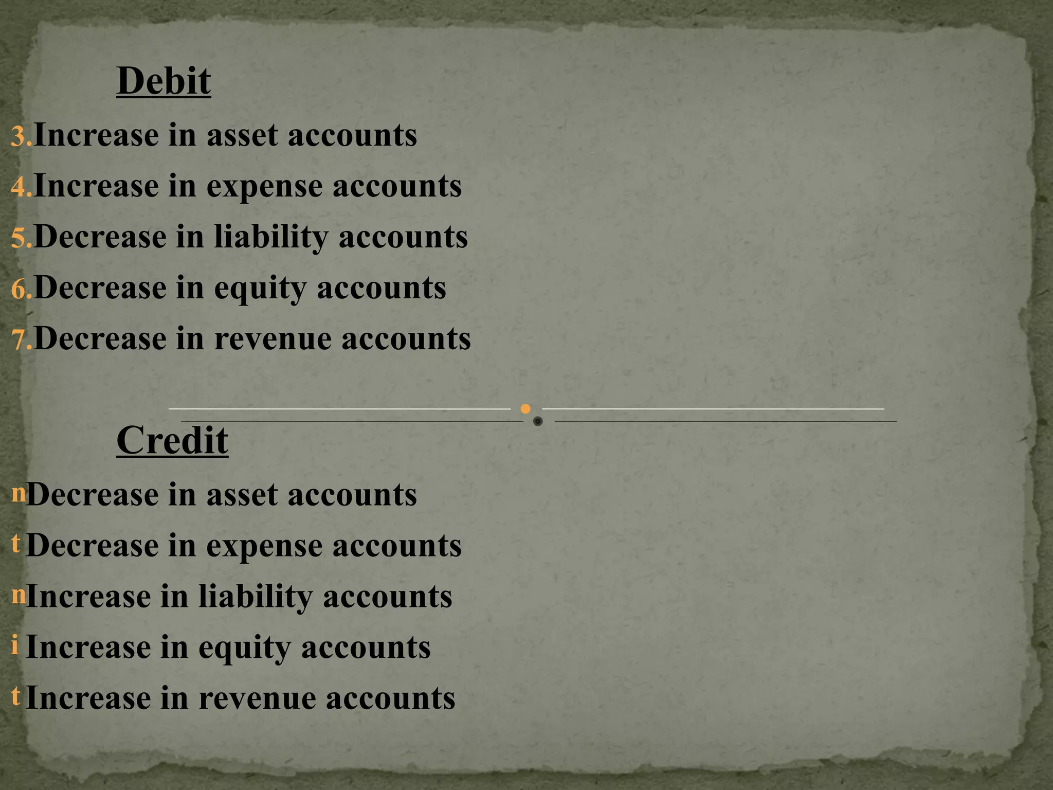 Debit Increase in asset accounts Increase in expense accounts  Decrease in liability accounts Decrease in equity accounts Decrease in revenue accounts Credit Decrease in asset accounts Decrease in expense accounts  Increase in liability accounts Increase in equity accounts Increase in revenue accounts 