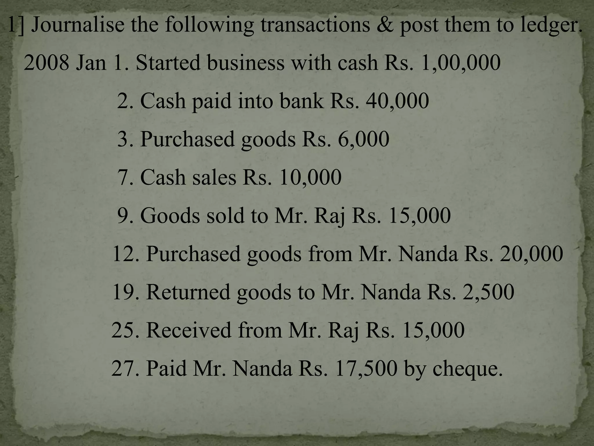1] Journalise the following transactions & post them to ledger. 2008 Jan 1. Started business with cash Rs. 1,00,000   2. Cash paid into bank Rs. 40,000   3. Purchased goods Rs. 6,000   7. Cash sales Rs. 10,000   9. Goods sold to Mr. Raj Rs. 15,000   12. Purchased goods from Mr. Nanda Rs. 20,000   19. Returned goods to Mr. Nanda Rs. 2,500   25. Received from Mr. Raj Rs. 15,000   27. Paid Mr. Nanda Rs. 17,500 by cheque. 