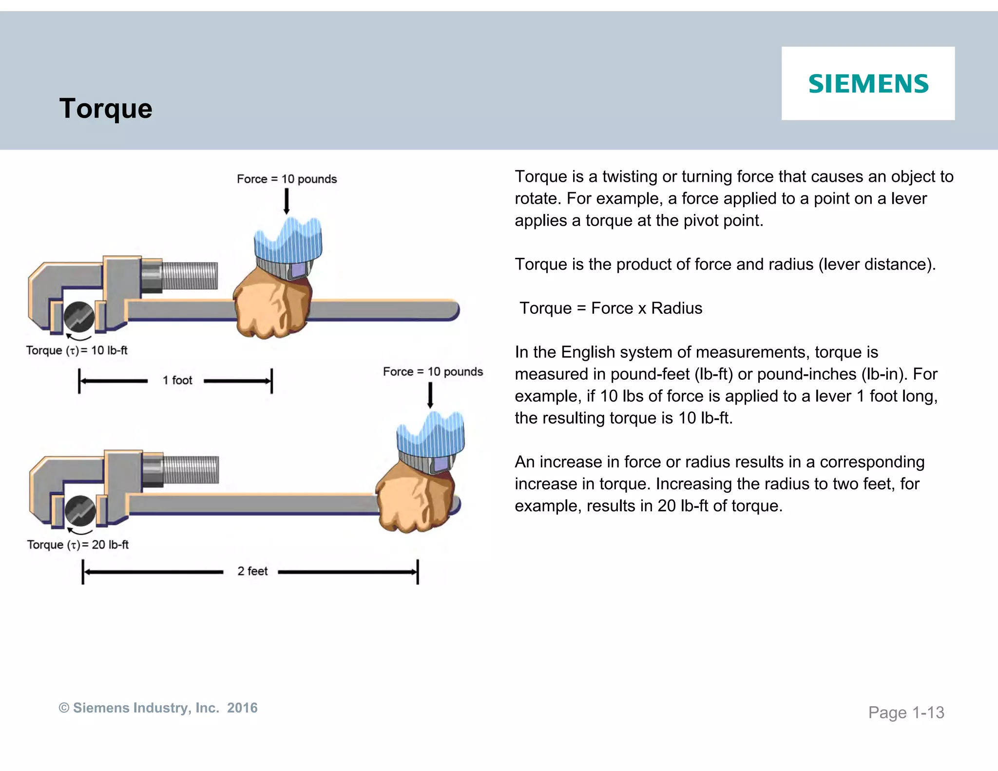 © Siemens Industry, Inc. 2016
Torque
Torque is a twisting or turning force that causes an object to
rotate. For example, a force applied to a point on a lever
applies a torque at the pivot point.
Torque is the product of force and radius (lever distance).
Torque = Force x Radius
In the English system of measurements, torque is
measured in pound-feet (lb-ft) or pound-inches (lb-in). For
example, if 10 lbs of force is applied to a lever 1 foot long,
the resulting torque is 10 lb-ft.
An increase in force or radius results in a corresponding
increase in torque. Increasing the radius to two feet, for
example, results in 20 lb-ft of torque.
Page 1-13
 