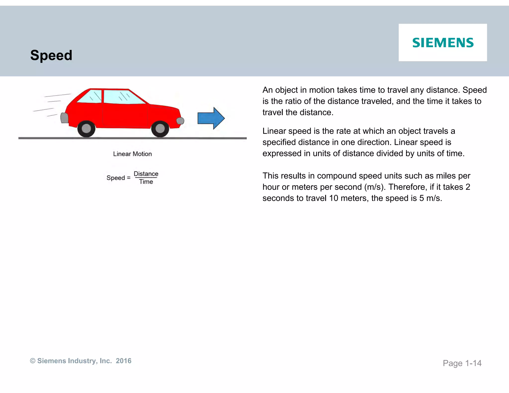 © Siemens Industry, Inc. 2016
Speed
An object in motion takes time to travel any distance. Speed
is the ratio of the distance traveled, and the time it takes to
travel the distance.
Linear speed is the rate at which an object travels a
specified distance in one direction. Linear speed is
expressed in units of distance divided by units of time.
This results in compound speed units such as miles per
hour or meters per second (m/s). Therefore, if it takes 2
seconds to travel 10 meters, the speed is 5 m/s.
Page 1-14
 