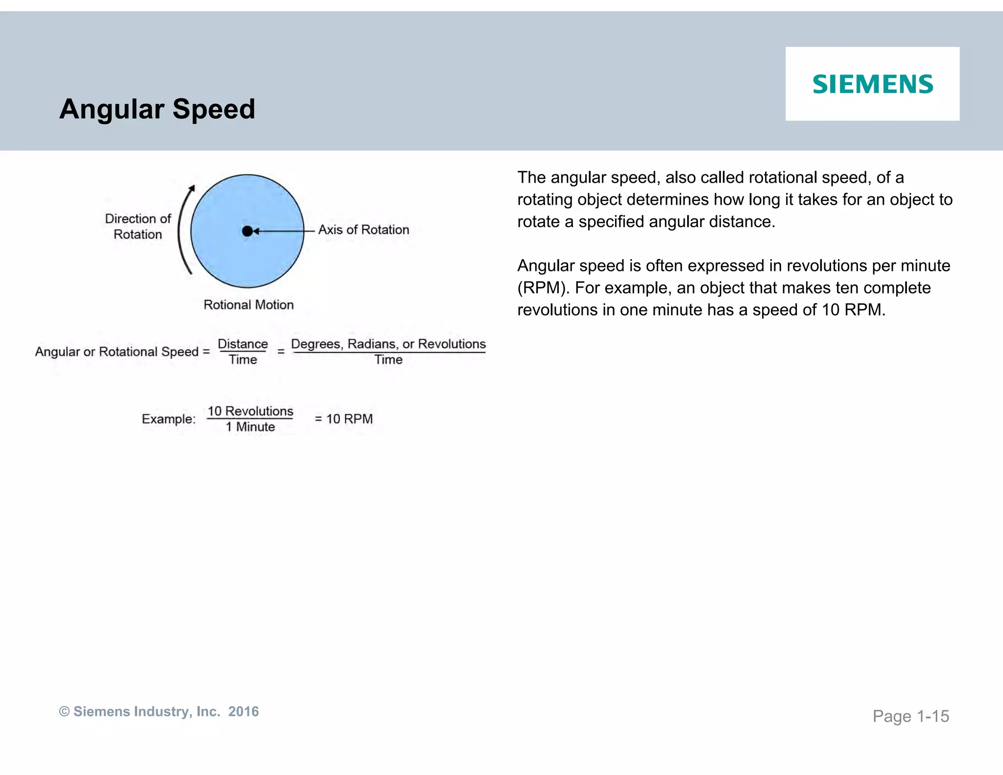 © Siemens Industry, Inc. 2016
Angular Speed
The angular speed, also called rotational speed, of a
rotating object determines how long it takes for an object to
rotate a specified angular distance.
Angular speed is often expressed in revolutions per minute
(RPM). For example, an object that makes ten complete
revolutions in one minute has a speed of 10 RPM.
Page 1-15
 