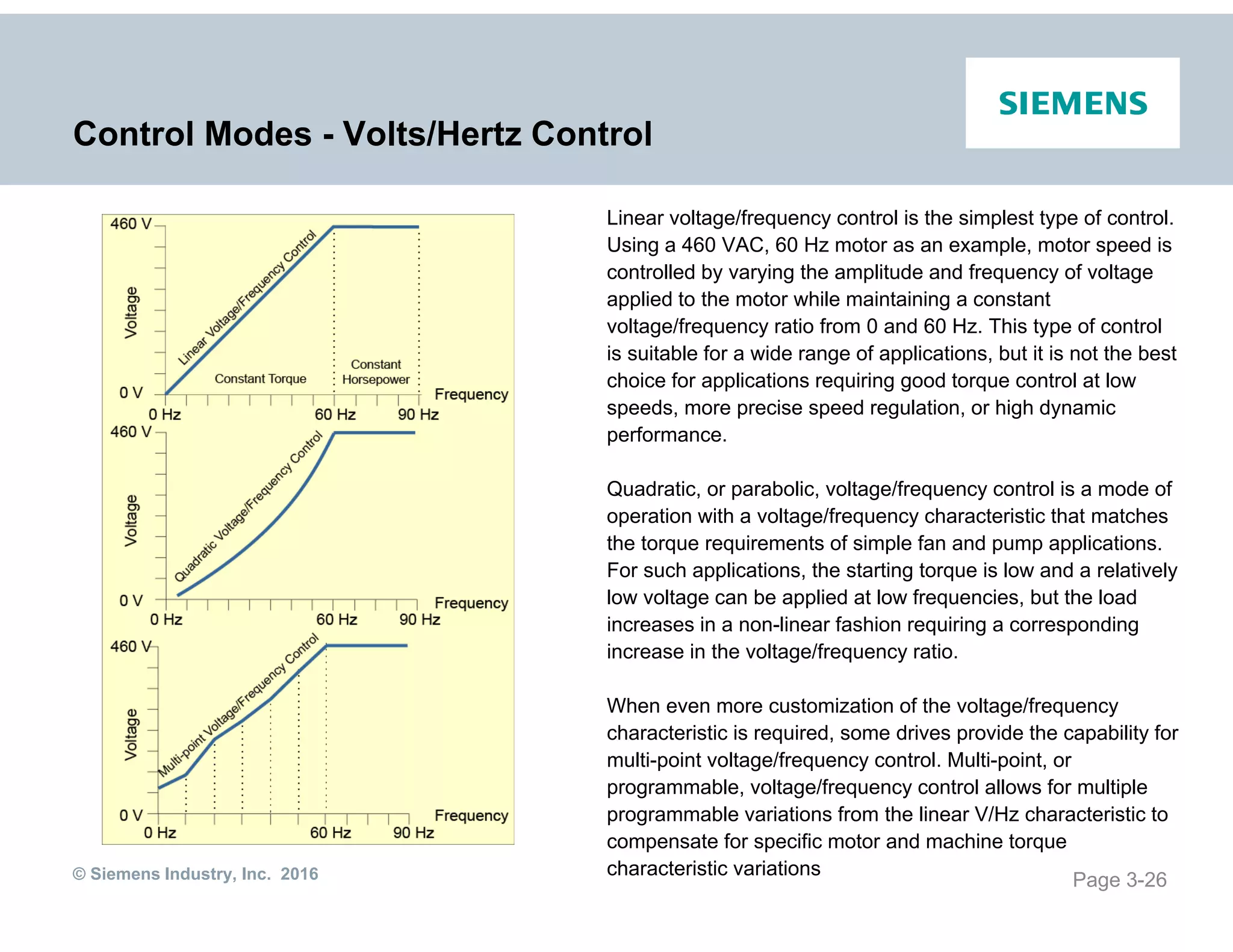 © Siemens Industry, Inc. 2016
Control Modes - Volts/Hertz Control
Linear voltage/frequency control is the simplest type of control.
Using a 460 VAC, 60 Hz motor as an example, motor speed is
controlled by varying the amplitude and frequency of voltage
applied to the motor while maintaining a constant
voltage/frequency ratio from 0 and 60 Hz. This type of control
is suitable for a wide range of applications, but it is not the best
choice for applications requiring good torque control at low
speeds, more precise speed regulation, or high dynamic
performance.
Quadratic, or parabolic, voltage/frequency control is a mode of
operation with a voltage/frequency characteristic that matches
the torque requirements of simple fan and pump applications.
For such applications, the starting torque is low and a relatively
low voltage can be applied at low frequencies, but the load
increases in a non-linear fashion requiring a corresponding
increase in the voltage/frequency ratio.
When even more customization of the voltage/frequency
characteristic is required, some drives provide the capability for
multi-point voltage/frequency control. Multi-point, or
programmable, voltage/frequency control allows for multiple
programmable variations from the linear V/Hz characteristic to
compensate for specific motor and machine torque
characteristic variations
Page 3-26
 