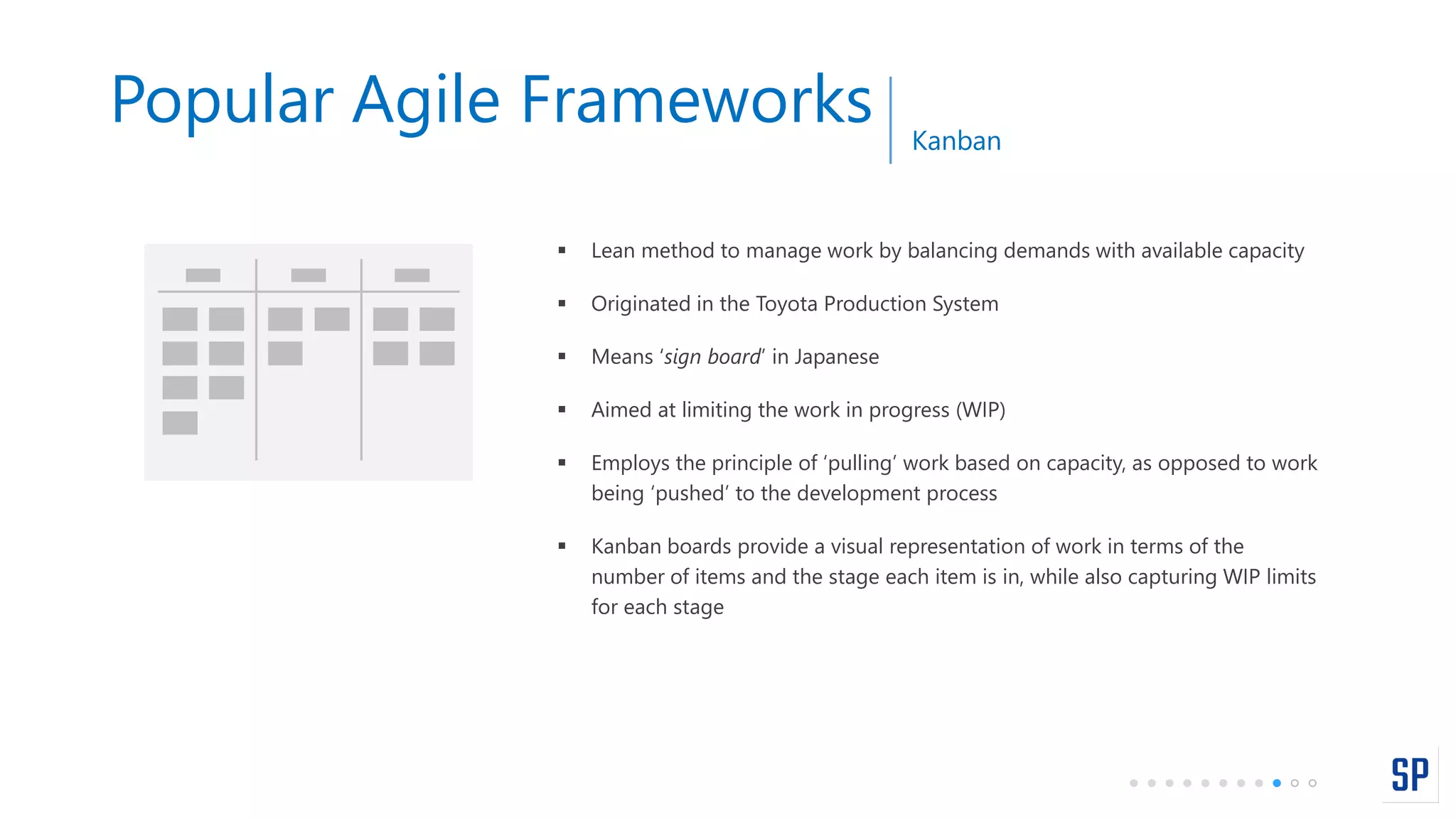 Popular Agile Frameworks Kanban
 Lean method to manage work by balancing demands with available capacity
 Originated in the Toyota Production System
 Means ‘sign board’ in Japanese
 Aimed at limiting the work in progress (WIP)
 Employs the principle of ‘pulling’ work based on capacity, as opposed to work
being ‘pushed’ to the development process
 Kanban boards provide a visual representation of work in terms of the
number of items and the stage each item is in, while also capturing WIP limits
for each stage
 