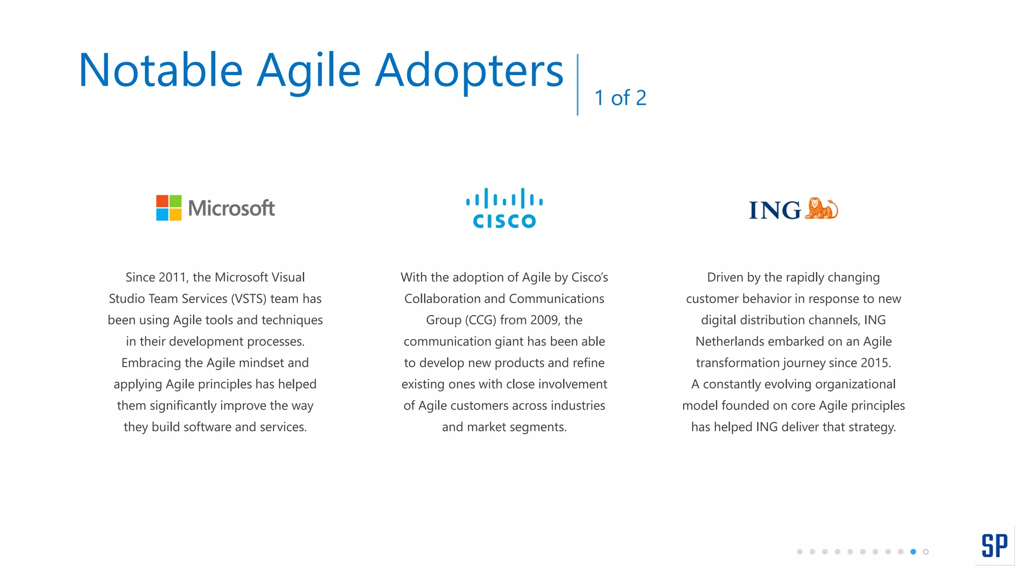 Notable Agile Adopters 1 of 2
Since 2011, the Microsoft Visual
Studio Team Services (VSTS) team has
been using Agile tools and techniques
in their development processes.
Embracing the Agile mindset and
applying Agile principles has helped
them significantly improve the way
they build software and services.
With the adoption of Agile by Cisco’s
Collaboration and Communications
Group (CCG) from 2009, the
communication giant has been able
to develop new products and refine
existing ones with close involvement
of Agile customers across industries
and market segments.
Driven by the rapidly changing
customer behavior in response to new
digital distribution channels, ING
Netherlands embarked on an Agile
transformation journey since 2015.
A constantly evolving organizational
model founded on core Agile principles
has helped ING deliver that strategy.
 