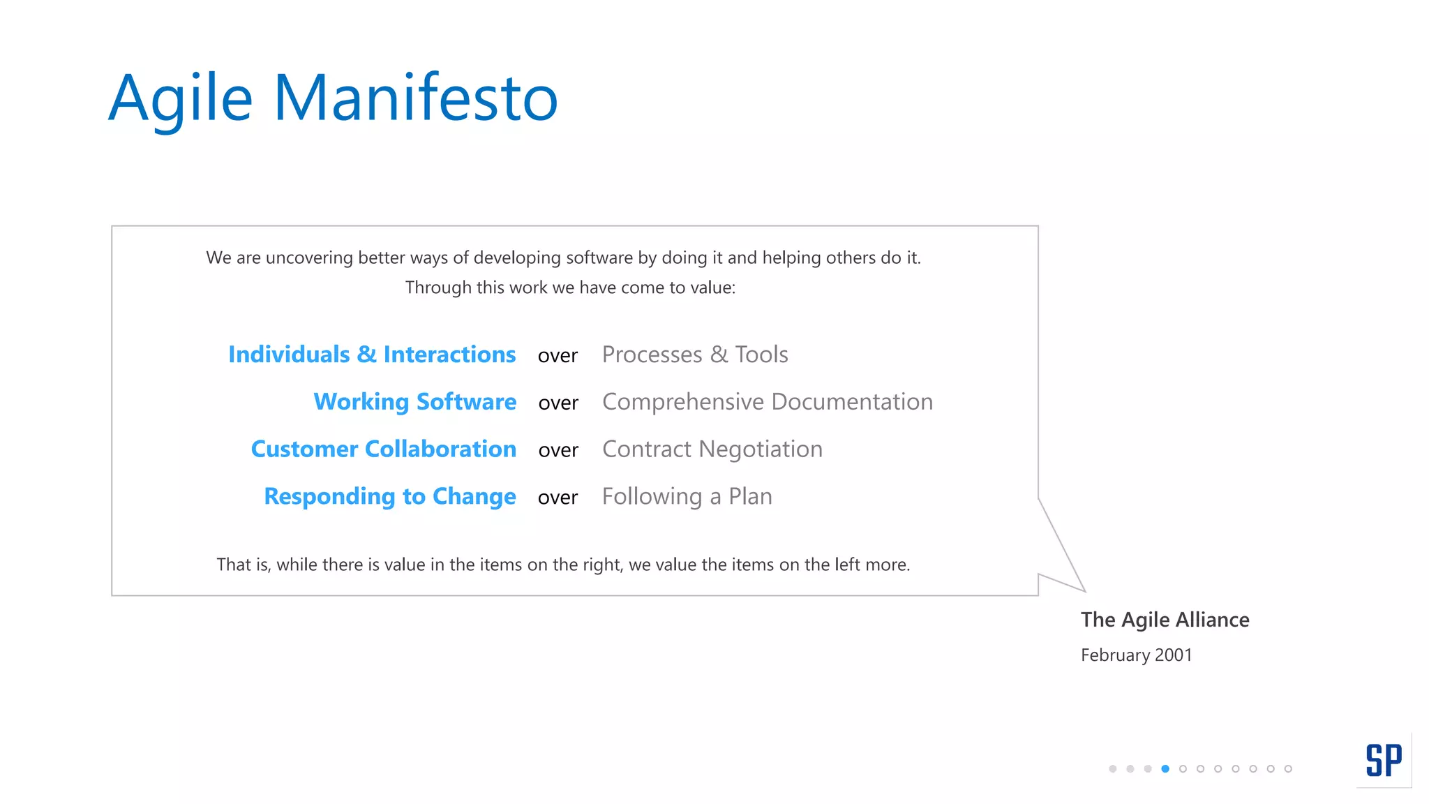 Agile Manifesto
That is, while there is value in the items on the right, we value the items on the left more.
We are uncovering better ways of developing software by doing it and helping others do it.
Through this work we have come to value:
Individuals & Interactions over Processes & Tools
Working Software over Comprehensive Documentation
Customer Collaboration over Contract Negotiation
Responding to Change over Following a Plan
The Agile Alliance
February 2001
 