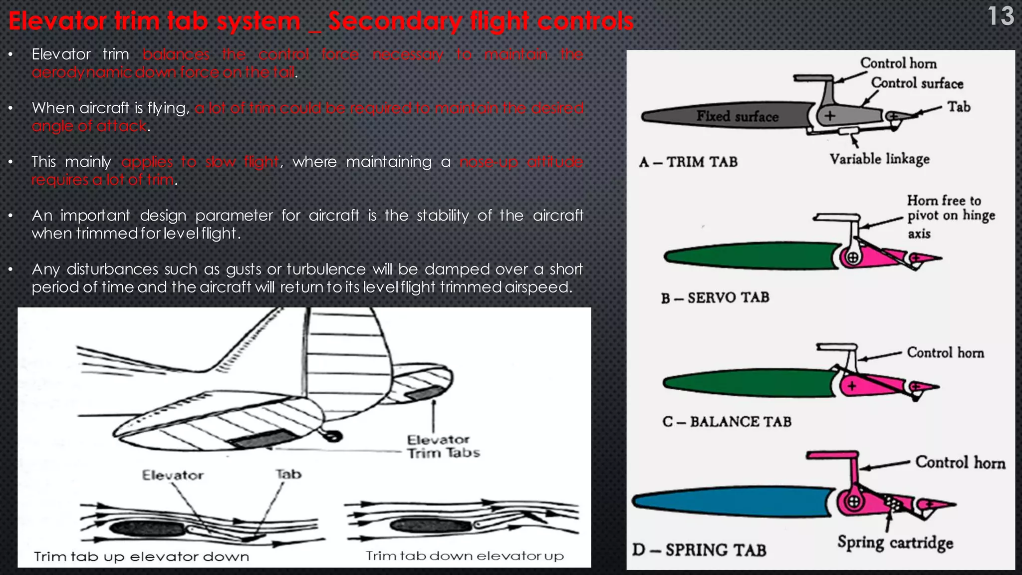 • Elevator trim balances the control force necessary to maintain the
aerodynamicdown force on the tail.
• When aircraft is flying, a lot of trim could be required to maintain the desired
angle of attack.
• This mainly applies to slow flight, where maintaining a nose-up attitude
requires a lot of trim.
• An important design parameter for aircraft is the stability of the aircraft
when trimmedfor levelflight.
• Any disturbances such as gusts or turbulence will be damped over a short
period of time and the aircraft will return to its levelflight trimmed airspeed.
Elevator trim tab system _ Secondary flight controls 13
 