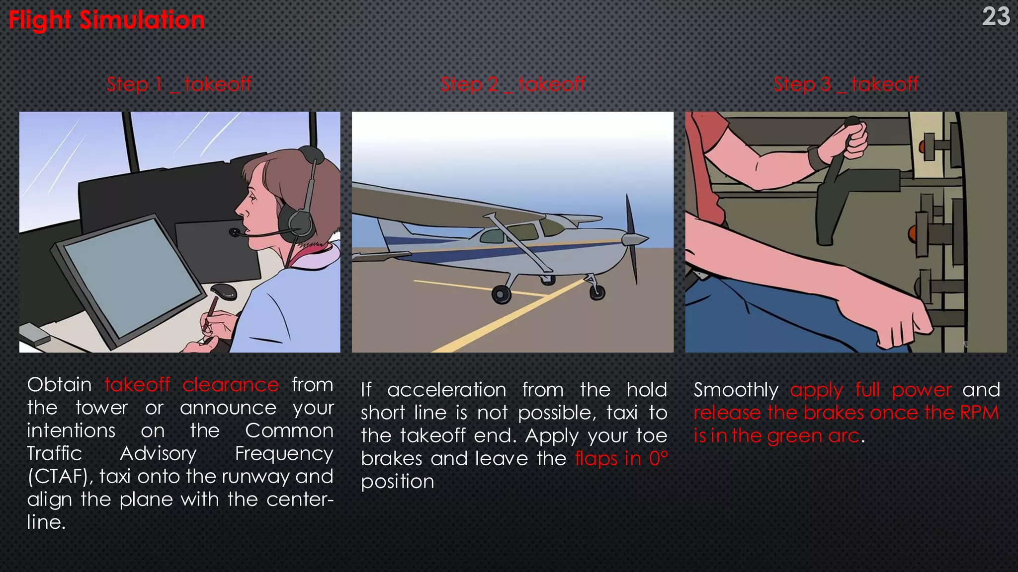 Flight Simulation
Obtain takeoff clearance from
the tower or announce your
intentions on the Common
Traffic Advisory Frequency
(CTAF), taxi onto the runway and
align the plane with the center-
line.
If acceleration from the hold
short line is not possible, taxi to
the takeoff end. Apply your toe
brakes and leave the flaps in 0°
position
Smoothly apply full power and
release the brakes once the RPM
is in the green arc.
Step 1 _ takeoff Step 2 _ takeoff Step 3 _ takeoff
23
 