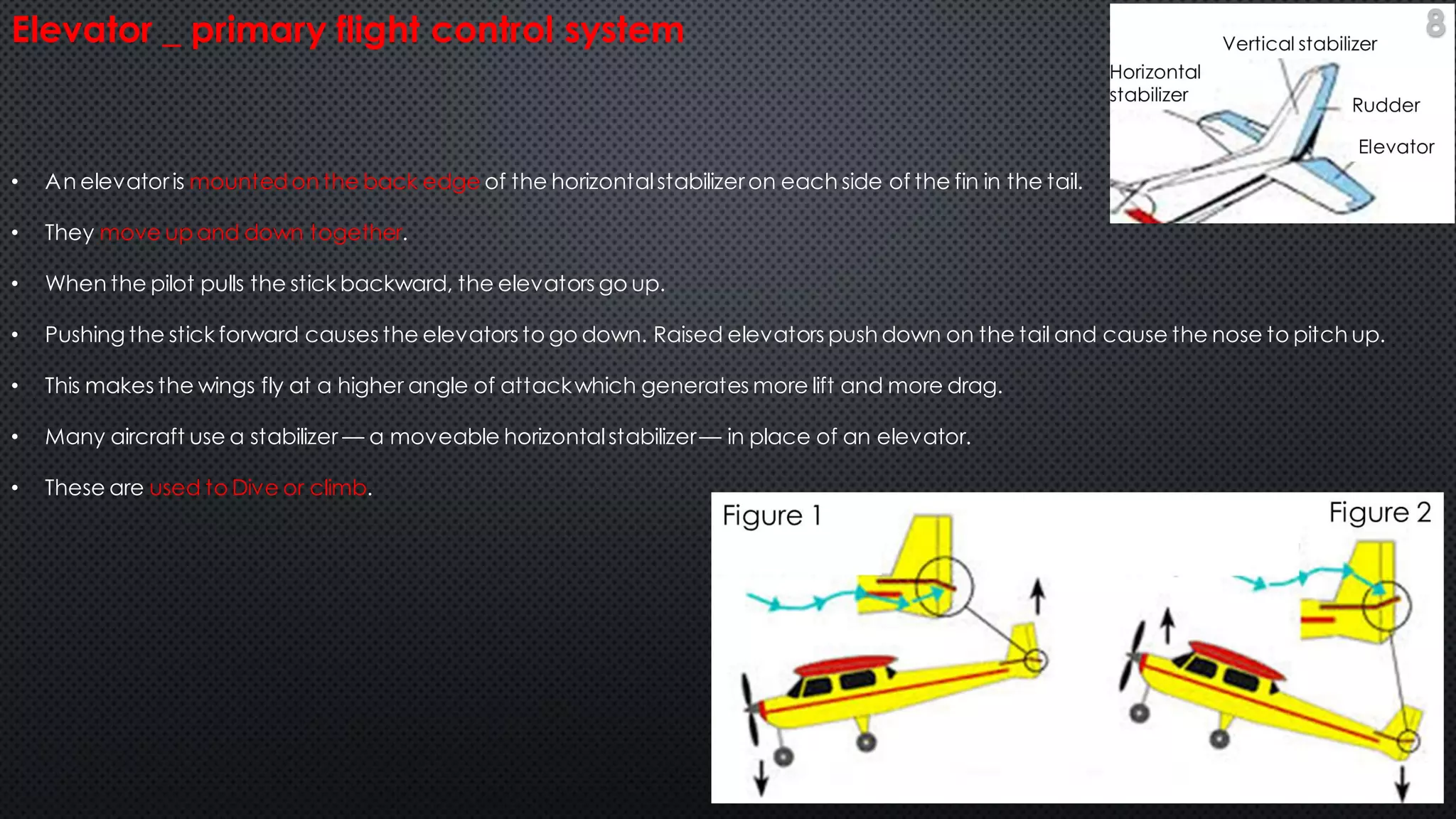 • An elevatoris mounted on the back edge of the horizontalstabilizeron each side of the fin in the tail.
• They move upand down together.
• When the pilot pulls the stick backward, the elevators go up.
• Pushing the stick forward causes the elevators to go down. Raised elevators push down on the tail and cause the nose to pitch up.
• This makes the wings fly at a higher angle of attackwhich generates more lift and more drag.
• Many aircraft use a stabilizer — a moveable horizontalstabilizer— in place of an elevator.
• These are used to Dive or climb.
Elevator _ primary flight control system 8
 
