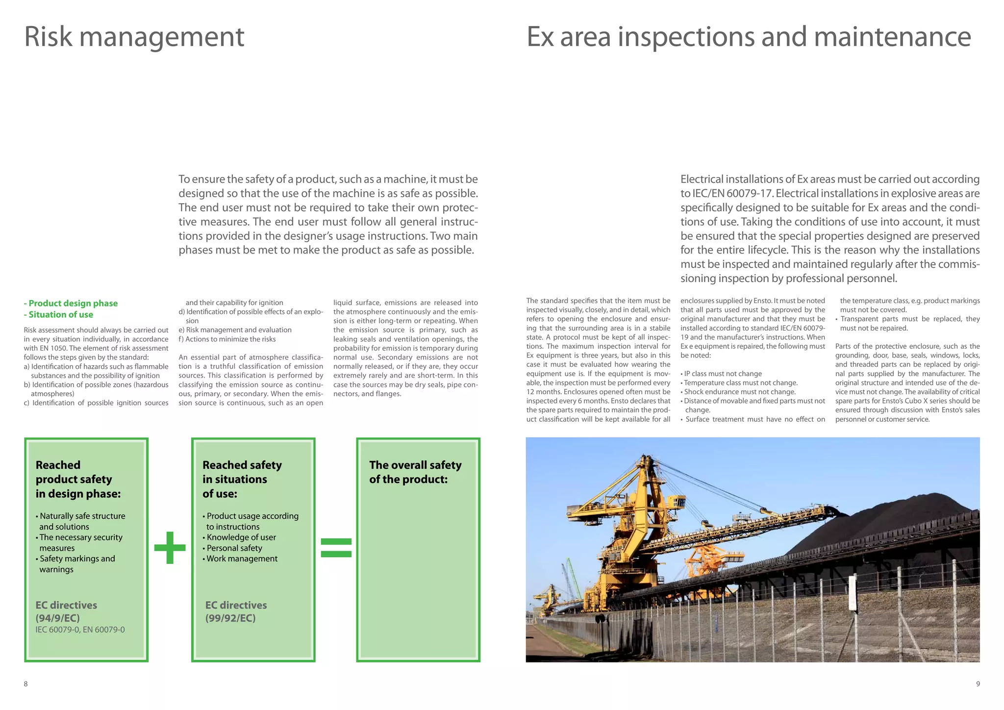 8 9
Risk management
- Product design phase
- Situation of use
Risk assessment should always be carried out
in every situation individually, in accordance
with EN 1050. The element of risk assessment
follows the steps given by the standard:
a) Identification of hazards such as flammable
substances and the possibility of ignition
b) Identification of possible zones (hazardous
atmospheres)
c) Identification of possible ignition sources
and their capability for ignition
d) Identification of possible effects of an explo-
sion
e) Risk management and evaluation
f) Actions to minimize the risks
An essential part of atmosphere classifica-
tion is a truthful classification of emission
sources. This classification is performed by
classifying the emission source as continu-
ous, primary, or secondary. When the emis-
sion source is continuous, such as an open
liquid surface, emissions are released into
the atmosphere continuously and the emis-
sion is either long-term or repeating. When
the emission source is primary, such as
leaking seals and ventilation openings, the
probability for emission is temporary during
normal use. Secondary emissions are not
normally released, or if they are, they occur
extremely rarely and are short-term. In this
case the sources may be dry seals, pipe con-
nectors, and flanges.
To ensure the safety of a product, such as a machine, it must be
designed so that the use of the machine is as safe as possible.
The end user must not be required to take their own protec-
tive measures. The end user must follow all general instruc-
tions provided in the designer’s usage instructions. Two main
phases must be met to make the product as safe as possible.
The standard specifies that the item must be
inspected visually, closely, and in detail, which
refers to opening the enclosure and ensur-
ing that the surrounding area is in a stabile
state. A protocol must be kept of all inspec-
tions. The maximum inspection interval for
Ex equipment is three years, but also in this
case it must be evaluated how wearing the
equipment use is. If the equipment is mov-
able, the inspection must be performed every
12 months. Enclosures opened often must be
inspected every 6 months. Ensto declares that
the spare parts required to maintain the prod-
uct classification will be kept available for all
Ex area inspections and maintenance
enclosures supplied by Ensto. It must be noted
that all parts used must be approved by the
original manufacturer and that they must be
installed according to standard IEC/EN 60079-
19 and the manufacturer’s instructions. When
Ex e equipment is repaired, the following must
be noted:
• IP class must not change
• Temperature class must not change.
• Shock endurance must not change.
• Distance of movable and fixed parts must not
change.
• Surface treatment must have no effect on
the temperature class, e.g. product markings
must not be covered.
• Transparent parts must be replaced, they
must not be repaired.
Parts of the protective enclosure, such as the
grounding, door, base, seals, windows, locks,
and threaded parts can be replaced by origi-
nal parts supplied by the manufacturer. The
original structure and intended use of the de-
vice must not change. The availability of critical
spare parts for Ensto’s Cubo X series should be
ensured through discussion with Ensto’s sales
personnel or customer service.
Electrical installations of Ex areas must be carried out according
toIEC/EN60079-17.Electricalinstallationsinexplosiveareasare
specifically designed to be suitable for Ex areas and the condi-
tions of use. Taking the conditions of use into account, it must
be ensured that the special properties designed are preserved
for the entire lifecycle. This is the reason why the installations
must be inspected and maintained regularly after the commis-
sioning inspection by professional personnel.
Reached
product safety
in design phase:
• Naturally safe structure
and solutions
• The necessary security
measures
• Safety markings and 		
warnings
Reached safety
in situations
of use:
• Product usage according
to instructions
• Knowledge of user
• Personal safety
• Work management
The overall safety
of the product:
EC directives
(94/9/EC)
IEC 60079-0, EN 60079-0
EC directives
(99/92/EC)
 