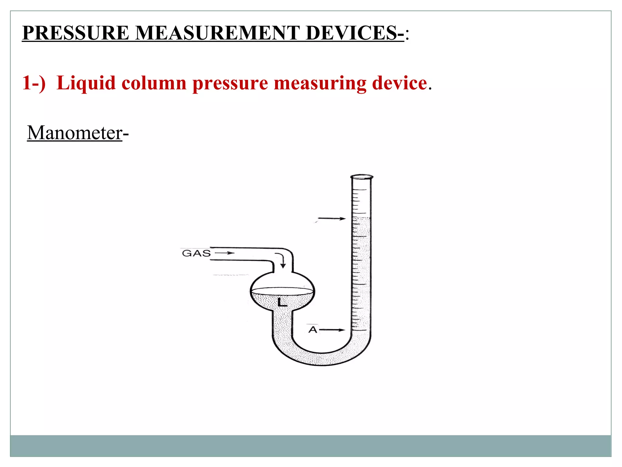 PRESSURE MEASUREMENT DEVICES-:
1-) Liquid column pressure measuring device.
Manometer-
 