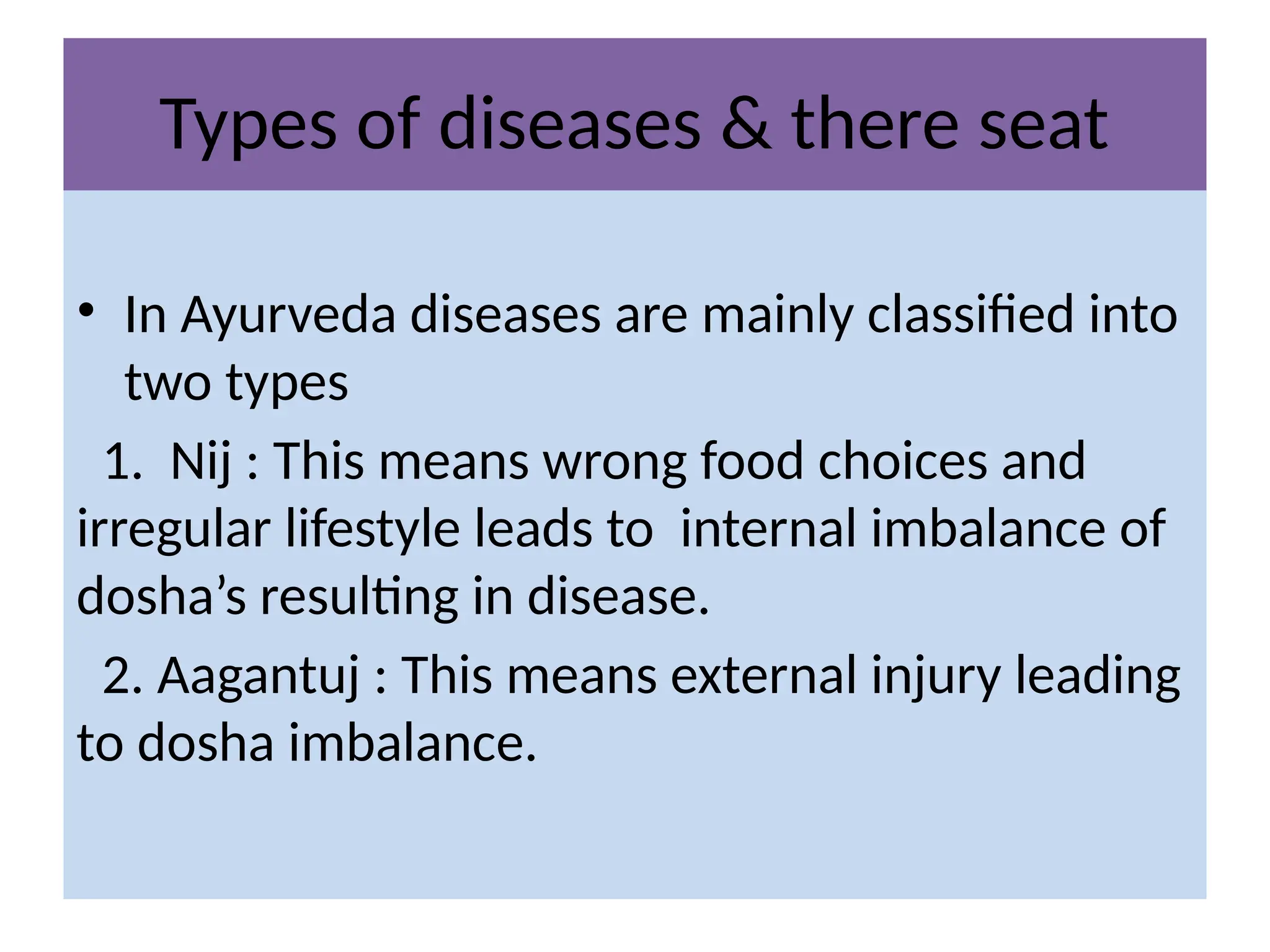 Types of diseases & there seat
• In Ayurveda diseases are mainly classified into
two types
1. Nij : This means wrong food choices and
irregular lifestyle leads to internal imbalance of
dosha’s resulting in disease.
2. Aagantuj : This means external injury leading
to dosha imbalance.
 