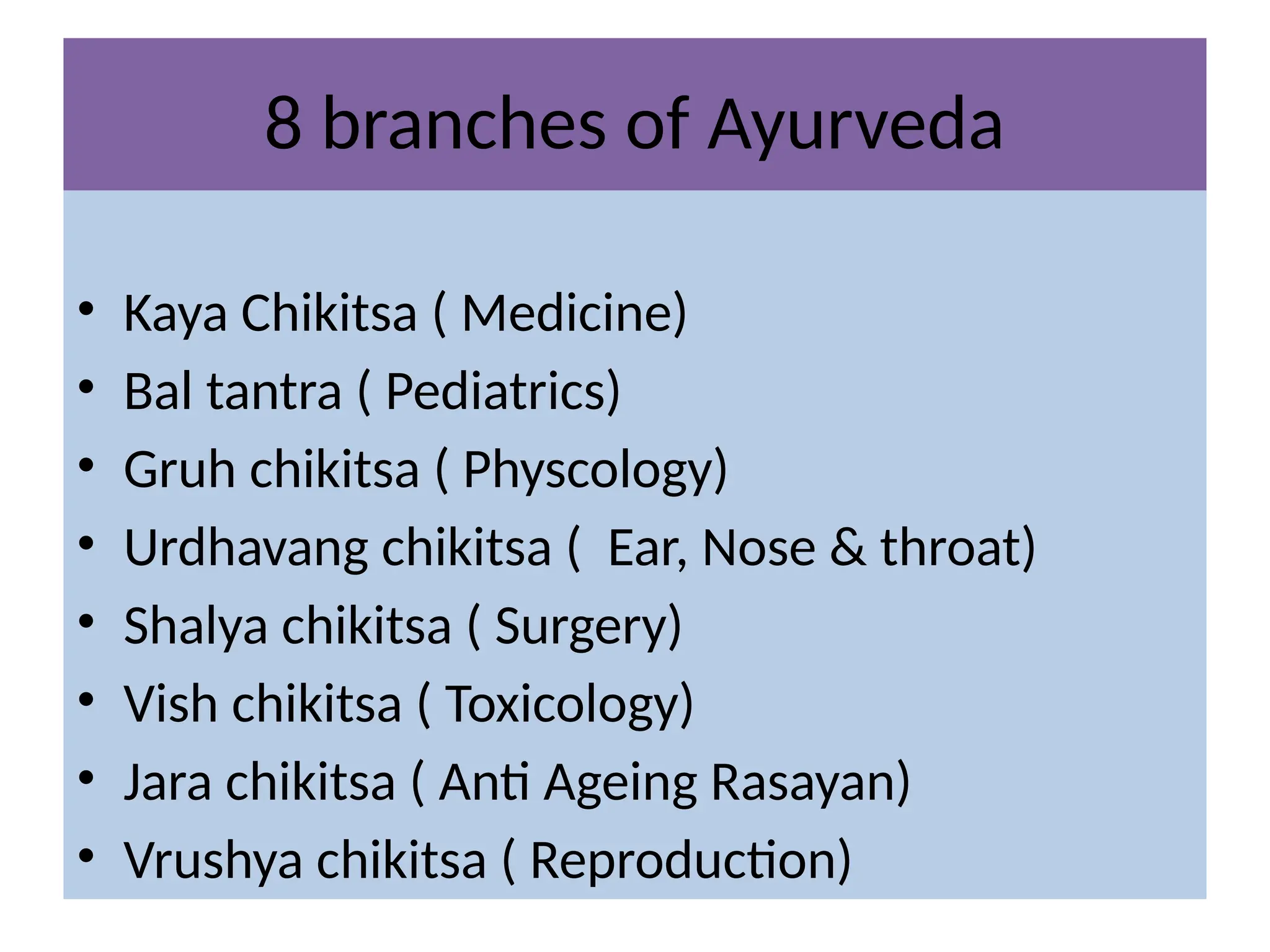 8 branches of Ayurveda
• Kaya Chikitsa ( Medicine)
• Bal tantra ( Pediatrics)
• Gruh chikitsa ( Physcology)
• Urdhavang chikitsa ( Ear, Nose & throat)
• Shalya chikitsa ( Surgery)
• Vish chikitsa ( Toxicology)
• Jara chikitsa ( Anti Ageing Rasayan)
• Vrushya chikitsa ( Reproduction)
 