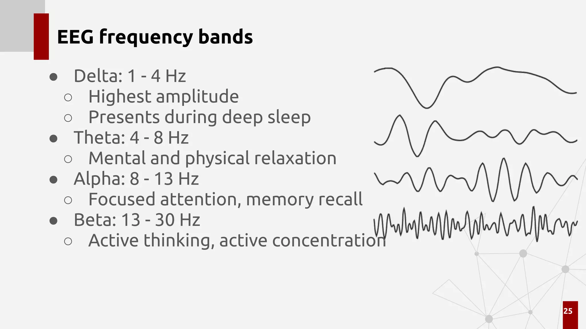 EEG frequency bands
● Delta: 1 - 4 Hz
○ Highest amplitude
○ Presents during deep sleep
● Theta: 4 - 8 Hz
○ Mental and physical relaxation
● Alpha: 8 - 13 Hz
○ Focused attention, memory recall
● Beta: 13 - 30 Hz
○ Active thinking, active concentration
25
 