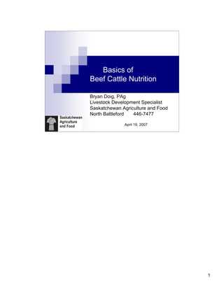 Basics of
Beef Cattle Nutrition

Bryan Doig, PAg
Livestock Development Specialist
Saskatchewan Agriculture and Food
North Battleford  446-7477

              April 19, 2007




                                    1
 
