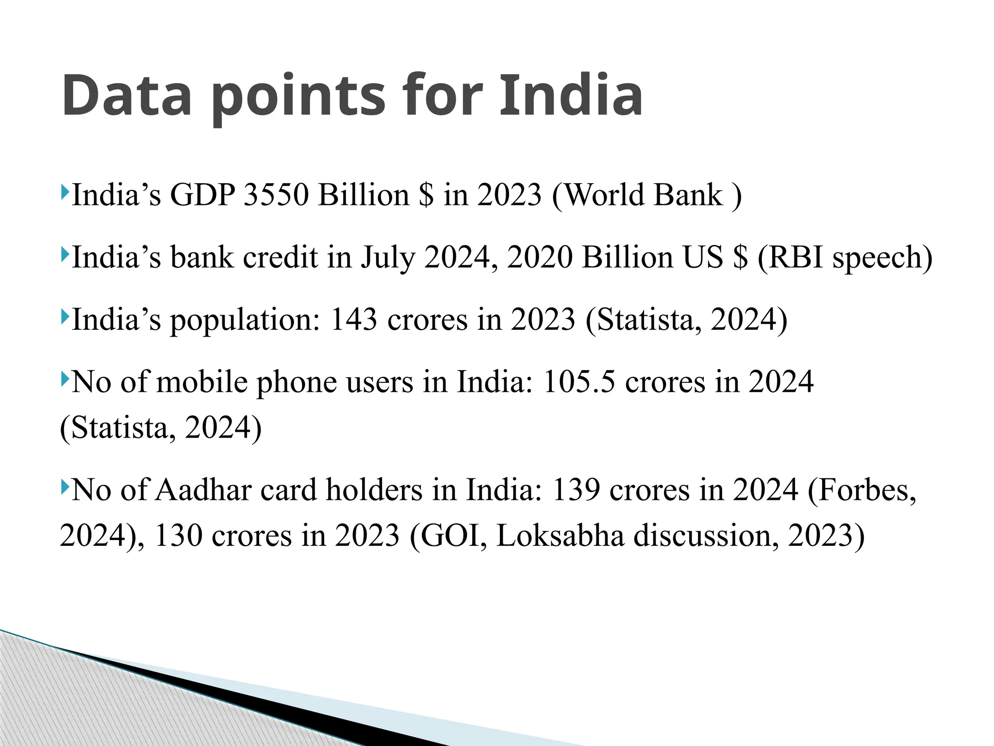 India’s GDP 3550 Billion $ in 2023 (World Bank )
India’s bank credit in July 2024, 2020 Billion US $ (RBI speech)
India’s population: 143 crores in 2023 (Statista, 2024)
No of mobile phone users in India: 105.5 crores in 2024
(Statista, 2024)
No of Aadhar card holders in India: 139 crores in 2024 (Forbes,
2024), 130 crores in 2023 (GOI, Loksabha discussion, 2023)
Data points for India
 