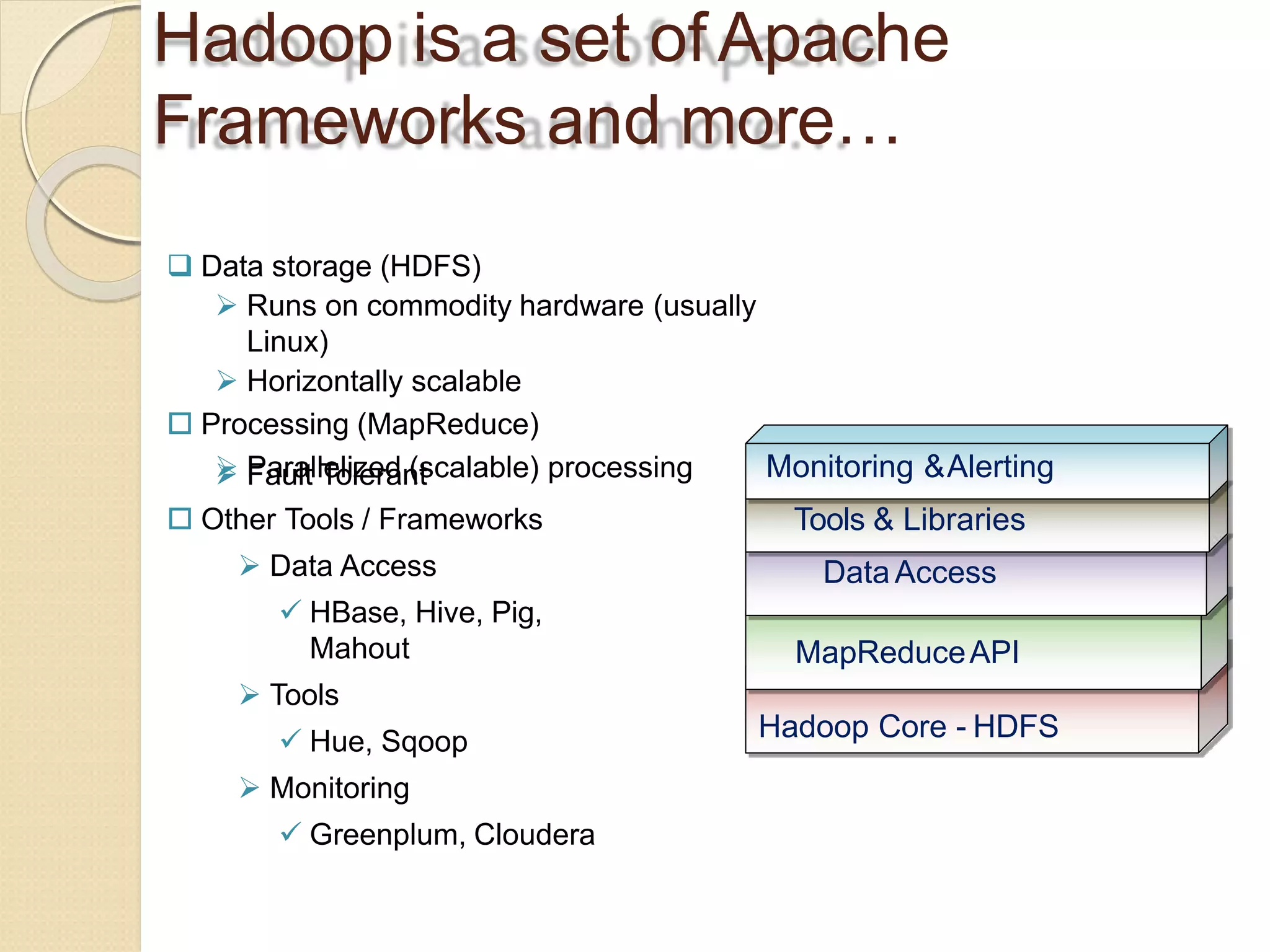 Hadoop is a set of Apache
Frameworks and more…
 Data storage (HDFS)
 Runs on commodity hardware (usually
Linux)
 Horizontally scalable
 Processing (MapReduce)
 Parallelized (scalable) processing Fault Tolerant
 Other Tools / Frameworks
 Data Access
 HBase, Hive, Pig,
Mahout
 Tools
 Hue, Sqoop
 Monitoring
 Greenplum, Cloudera
Hadoop Core - HDFS
MapReduceAPI
Monitoring &Alerting
Tools & Libraries
DataAccess
 