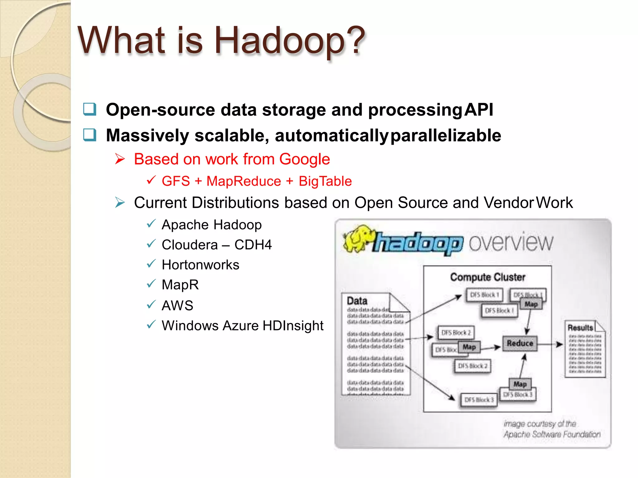 What is Hadoop?
 Open-source data storage and processingAPI
 Massively scalable, automaticallyparallelizable
 Based on work from Google
 GFS + MapReduce + BigTable
 Current Distributions based on Open Source and VendorWork
 Apache Hadoop
 Cloudera – CDH4
 Hortonworks
 MapR
 AWS
 Windows Azure HDInsight
 