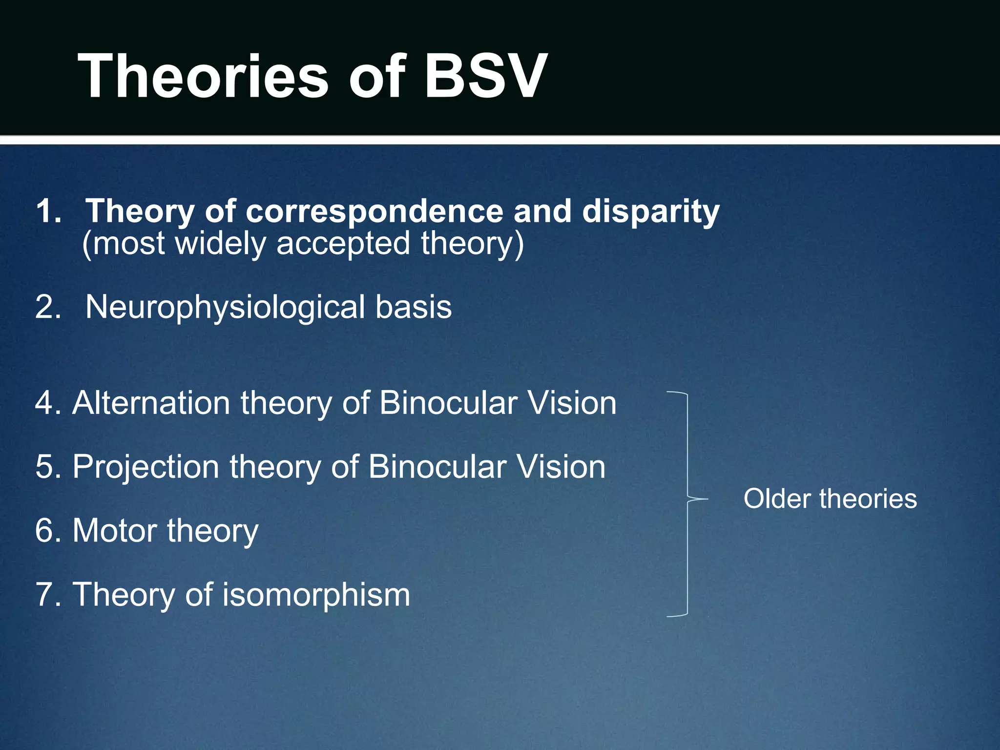1. Theory of correspondence and disparity
(most widely accepted theory)
2. Neurophysiological basis
4. Alternation theory of Binocular Vision
5. Projection theory of Binocular Vision
6. Motor theory
7. Theory of isomorphism
Theories of BSV
Older theories
 
