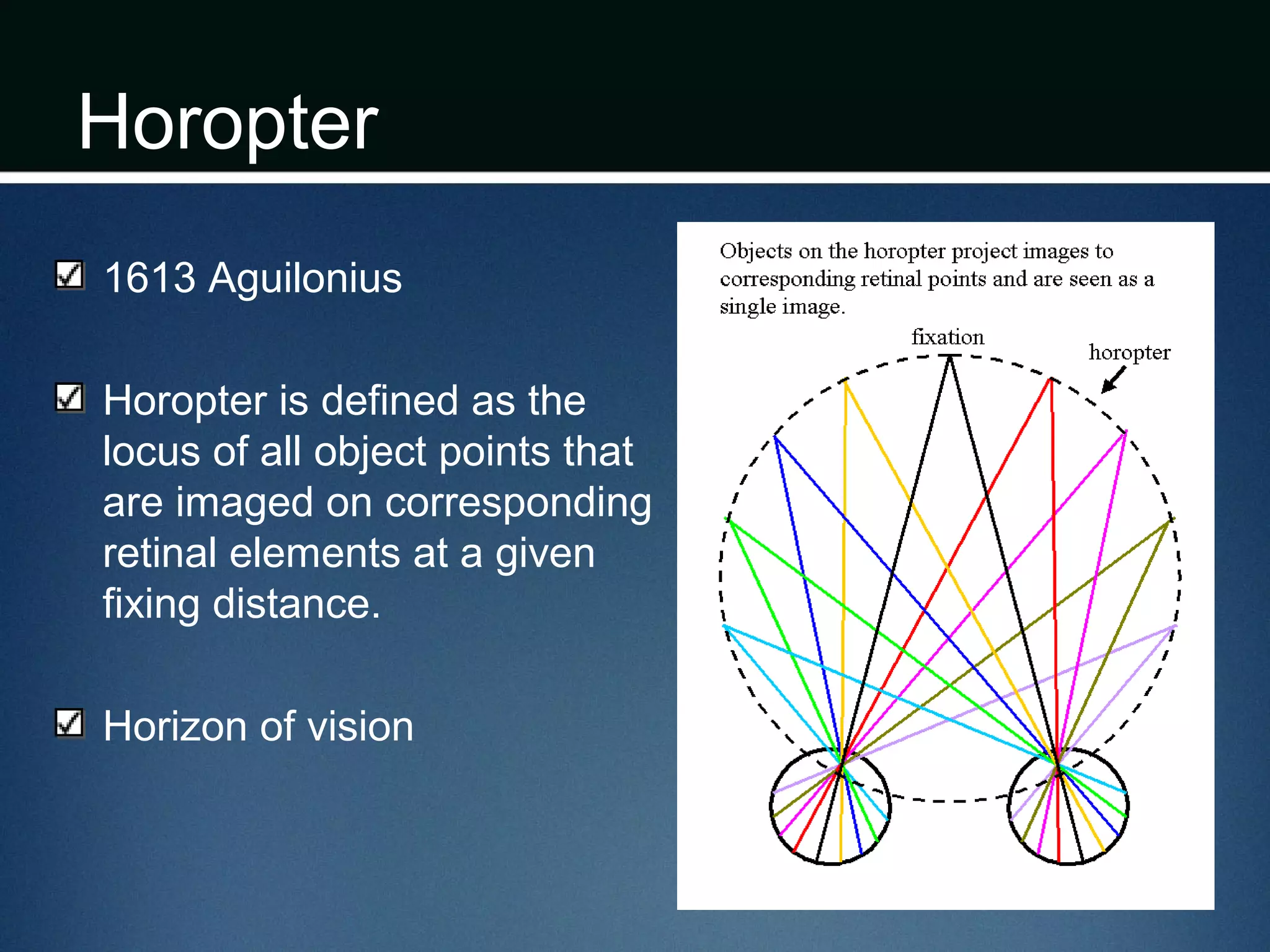Horopter
1613 Aguilonius
Horopter is defined as the
locus of all object points that
are imaged on corresponding
retinal elements at a given
fixing distance.
Horizon of vision
 