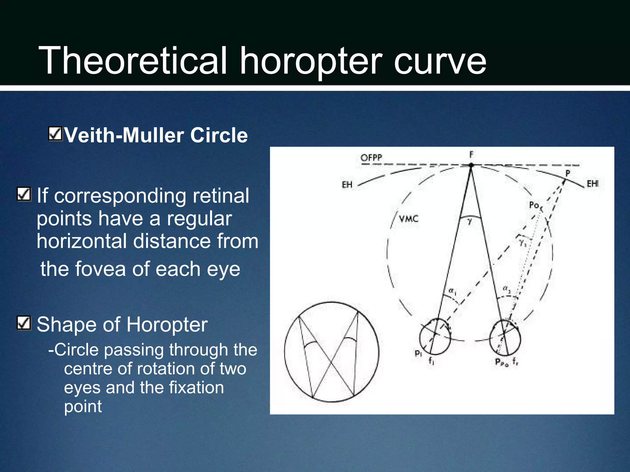 Theoretical horopter curve
Veith-Muller Circle
If corresponding retinal
points have a regular
horizontal distance from
the fovea of each eye
Shape of Horopter
-Circle passing through the
centre of rotation of two
eyes and the fixation
point
 