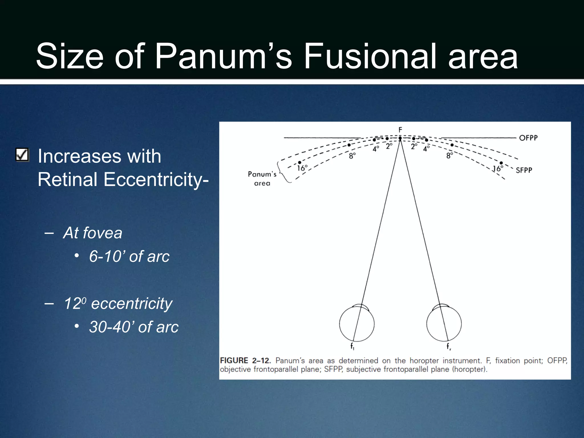 Size of Panum’s Fusional area
Increases with
Retinal Eccentricity-
– At fovea
• 6-10’ of arc
– 120
eccentricity
• 30-40’ of arc
 