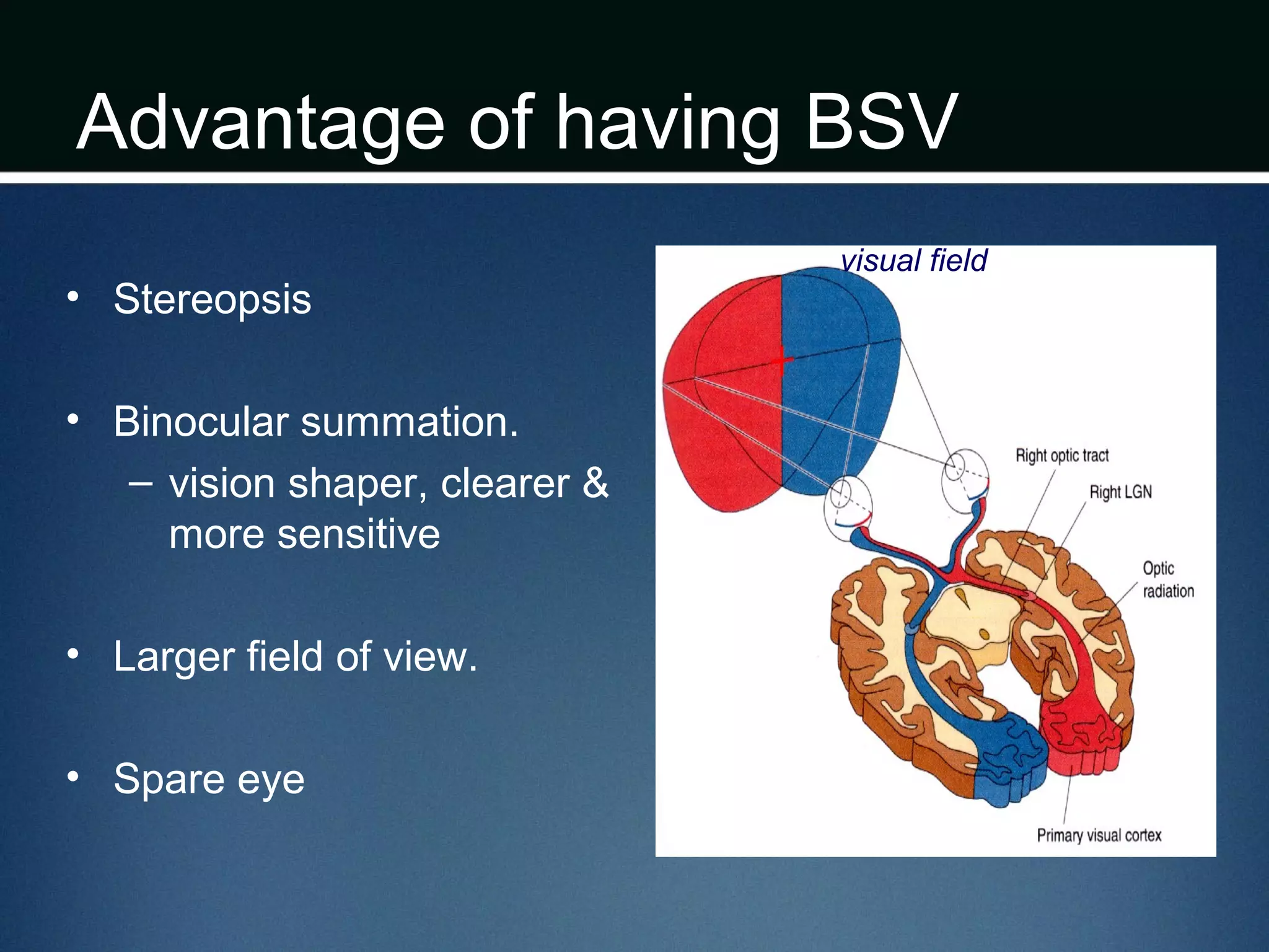 Advantage of having BSV
• Stereopsis
• Binocular summation.
– vision shaper, clearer &
more sensitive
• Larger field of view.
• Spare eye
visual field
 