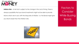Factors to
Consider
While Buying
Bonds
Inflation Risk – A risk that is subject to the change in the cost of living. There is
always a possibility that your bond investments might not be able to provide
returns which are in sync with the rising rate of inflation i.e. the Bonds might give
you returns lesser than the inflation rate.
(C) Axis Bank Ltd
 