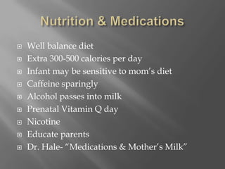 Nutrition & MedicationsWell balance dietExtra 300-500 calories per dayInfant may be sensitive to mom’s dietCaffeine sparinglyAlcohol passes into milkPrenatal Vitamin Q dayNicotineEducate parents Dr. Hale- “Medications & Mother’s Milk”