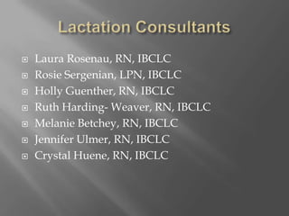 Lactation ConsultantsLaura Rosenau, RN, IBCLCRosie Sergenian, LPN, IBCLCHolly Guenther, RN, IBCLCRuth Harding- Weaver, RN, IBCLCMelanie Betchey, RN, IBCLCJennifer Ulmer, RN, IBCLCCrystal Huene, RN, IBCLC