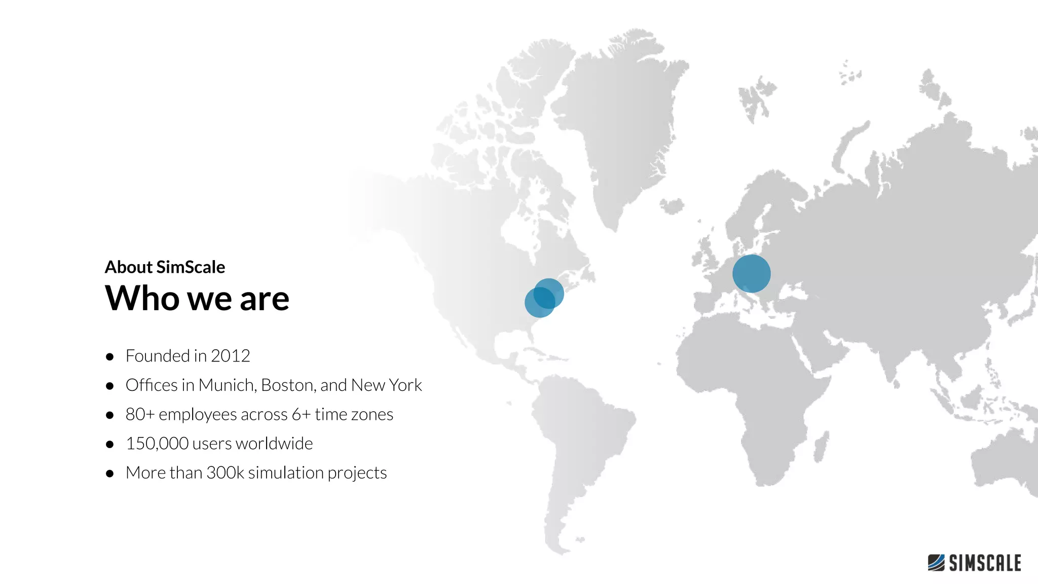 About SimScale
Who we are
● Founded in 2012
● Ofﬁces in Munich, Boston, and New York
● 80+ employees across 6+ time zones
● 150,000 users worldwide
● More than 300k simulation projects
 