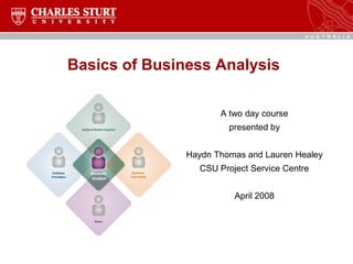 Basics of Business Analysis
A two day course
presented by
Haydn Thomas and Lauren Healey
CSU Project Service Centre
April 2008
 