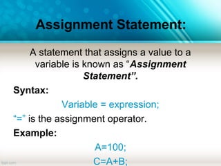 Assignment Statement:
A statement that assigns a value to a
variable is known as “Assignment
Statement”.
Syntax:
Variable = expression;
“=” is the assignment operator.
Example:
A=100;
C=A+B;
 