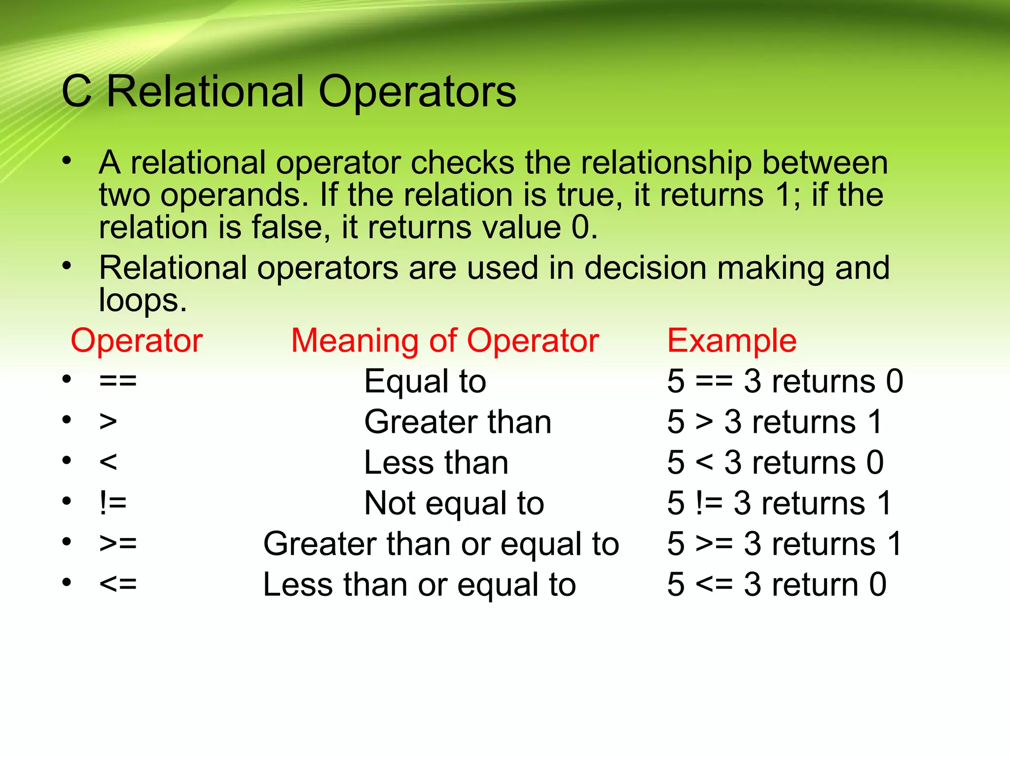 C Relational Operators
• A relational operator checks the relationship between
two operands. If the relation is true, it returns 1; if the
relation is false, it returns value 0.
• Relational operators are used in decision making and
loops.
Operator Meaning of Operator Example
• == Equal to 5 == 3 returns 0
• > Greater than 5 > 3 returns 1
• < Less than 5 < 3 returns 0
• != Not equal to 5 != 3 returns 1
• >= Greater than or equal to 5 >= 3 returns 1
• <= Less than or equal to 5 <= 3 return 0
 