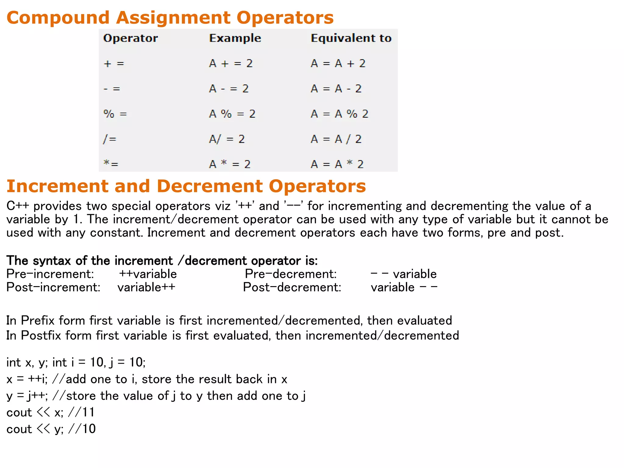 Compound Assignment Operators
Increment and Decrement Operators
C++ provides two special operators viz '++' and '--' for incrementing and decrementing the value of a
variable by 1. The increment/decrement operator can be used with any type of variable but it cannot be
used with any constant. Increment and decrement operators each have two forms, pre and post.
The syntax of the increment /decrement operator is:
Pre-increment: ++variable Pre-decrement: - - variable
Post-increment: variable++ Post-decrement: variable - -
In Prefix form first variable is first incremented/decremented, then evaluated
In Postfix form first variable is first evaluated, then incremented/decremented
int x, y; int i = 10, j = 10;
x = ++i; //add one to i, store the result back in x
y = j++; //store the value of j to y then add one to j
cout << x; //11
cout << y; //10
 